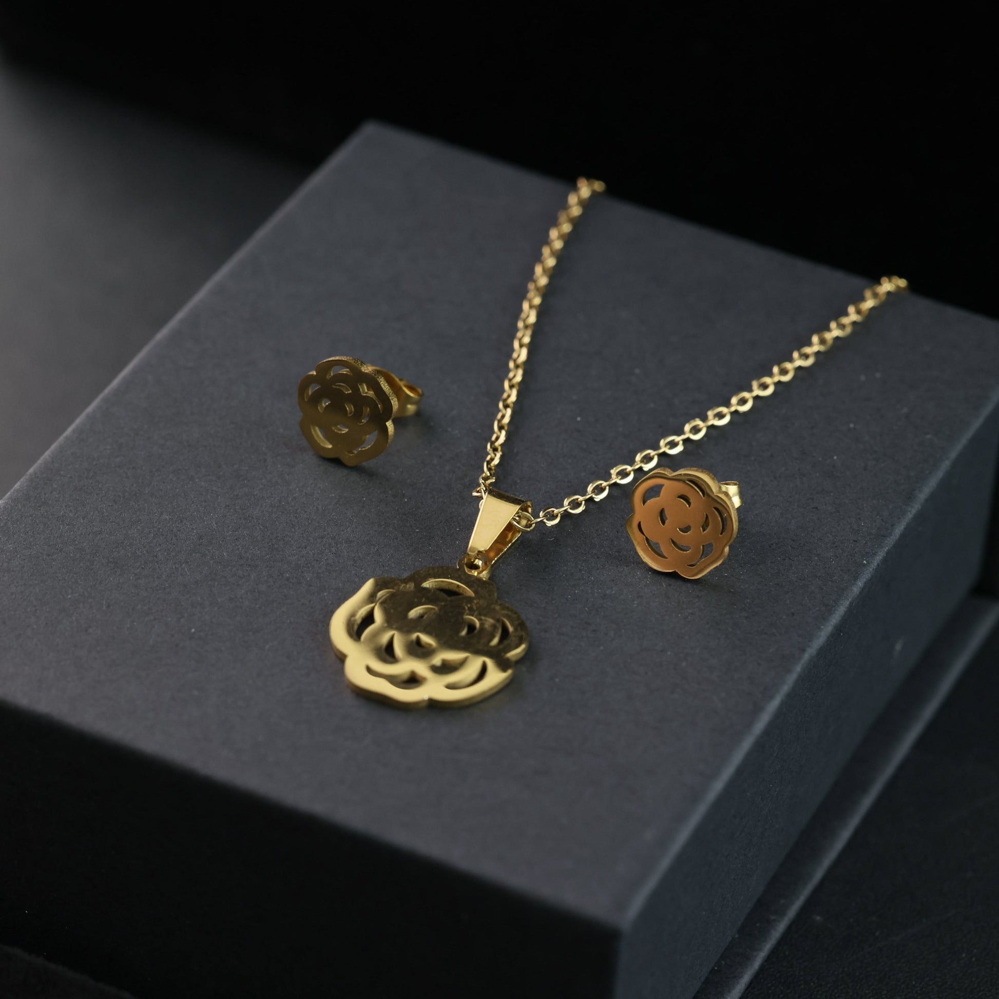 Gold-Plated Rose Necklace and Earrings Set